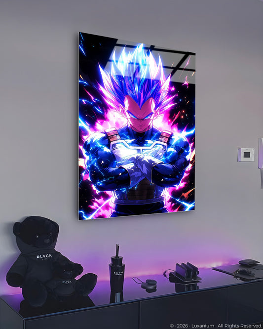 Blue-haired Saiyan warrior with arms crossed amid crackling blue energy. 4