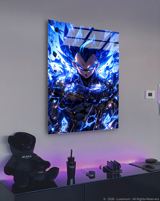 Blue-haired Saiyan warrior standing in rain amid crackling blue lightning. 4