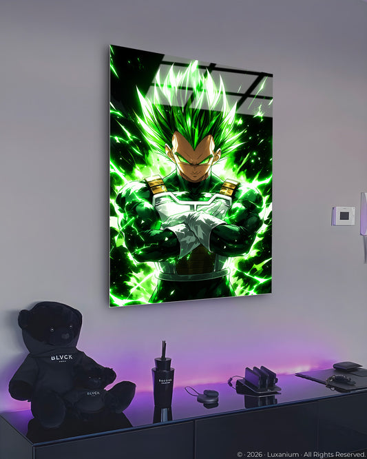 Green-haired Saiyan warrior with arms crossed amid crackling green energy. 4