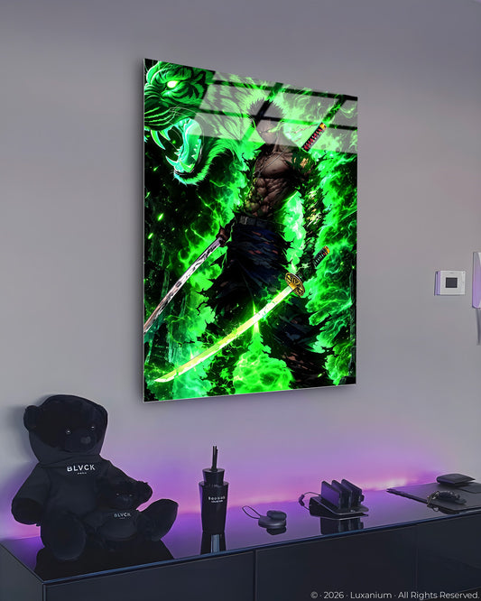 Green-haired swordsman with glowing eyes beside a roaring spectral tiger in green flame. 4