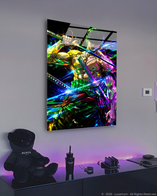 Green-haired swordsman drawing three katanas amid multicolor prismatic light. 4