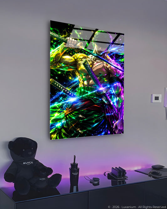 Green-haired swordsman drawing three katanas amid green and violet neon light. 4